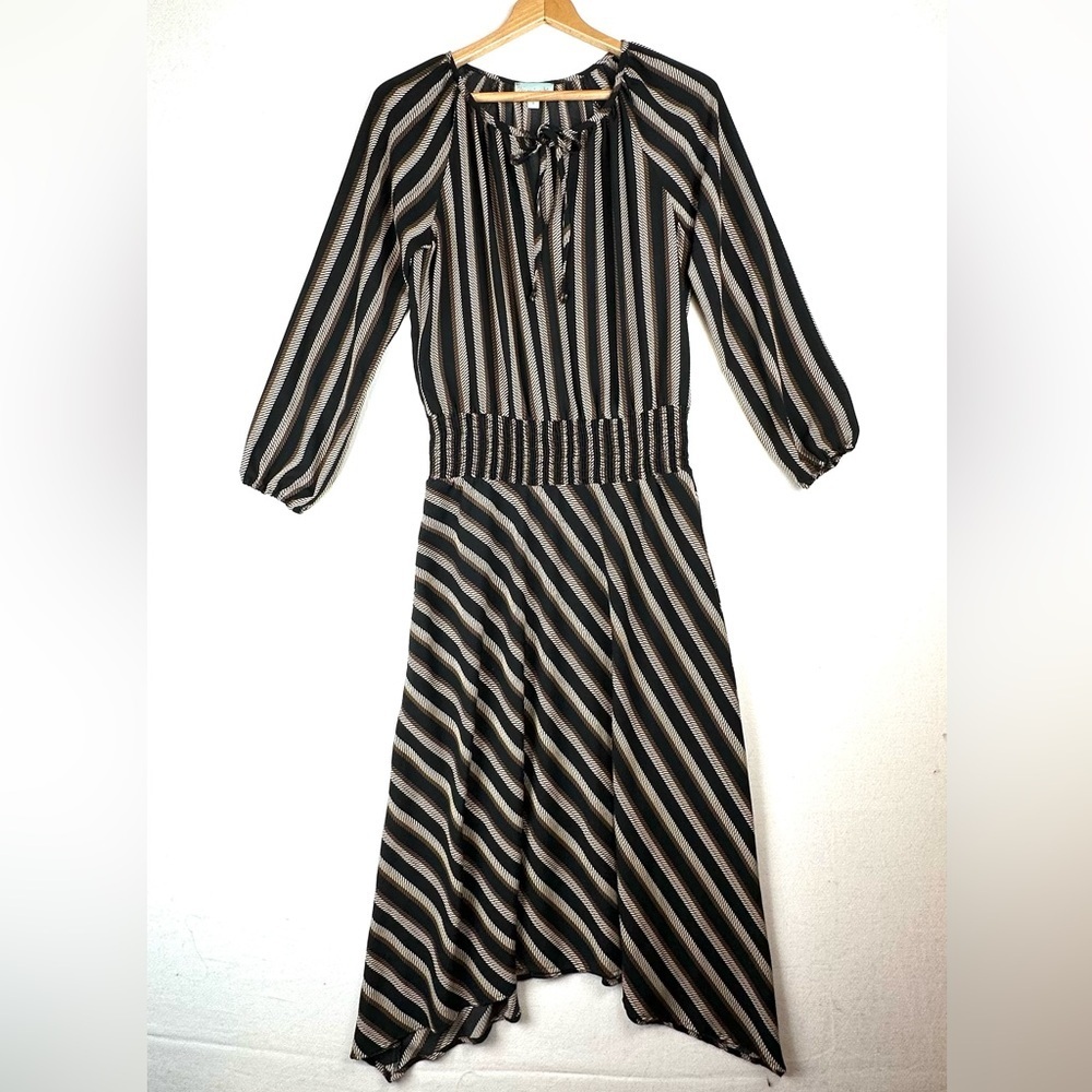 Veronica M Stripe Midi Dress Asymmetrical Hem Office